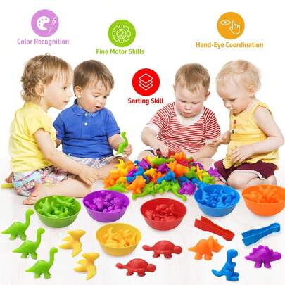 48 piezas Juego de juguetes de dinosaurios de goma suave de colores del arcoíris con 6 tazones de clasificación y 2 pinzas, juguete Montessori de educación temprana para entrenamiento sensorial, reconocimiento de colores y desarrollo de habilidades motoras finas, entrenamiento del pensamiento matemático, regalo preescolar