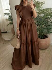 Women's Elegant Vacation Solid Color Cap Sleeve Ruched Patchwork Short Casual Dress, Spring/Summer - Coffee - View 5