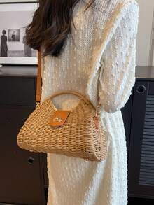 Túi rơm mùa hè, túi xách tay đan thủ công, túi du lịch dành cho nữ với dây đeo vai có thể điều chỉnh. - Màu Khaki - Xem 4