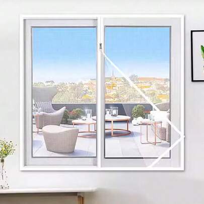 多尺寸蚊帐，易于安装，中间带拉链，采用自粘聚酯纤维制成，有黑色、白色及其他颜色可选。有效防止蚊虫进入，同时保持室内通风。适用于室内外窗户，可用魔术贴安装，不影响窗户外观，宠物友好，防猫防蚊，也可作窗帘使用。