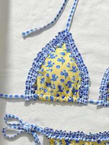 Nuevo conjunto de bikini de dos piezas con volantes para mujer, adecuado para la playa, aguas termales, vacaciones de verano - Amarillo - Ver 9