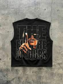 男士宽松无袖背心，双面印花，饰有数字印花、VR女孩图案、“未来属于你”字样，融合赛博朋克美学和Y2K互联网街头风格，舒适透气。 - 黑色 - 查看 4