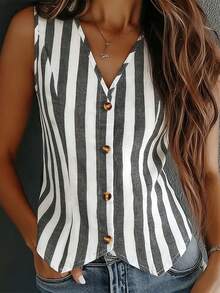 女士无袖V领条纹衬衫，纽扣前襟，涤纶面料，不对称下摆，度假风 - 黑白條紋 - 查看 6