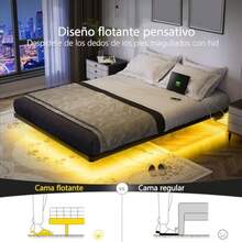 Base de Cama Matrimonial Flotante con Luces LED y Estación de Carga Láminas de Acero de Alta Resistencia No Requiere Somier Fácil Ensamblaje Ideal para Recámara - 135 cm 190 cm - Ver 3