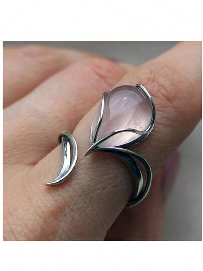 Elegant Vintage Pink Teardrop Silver Open Ring, Fashionable Creative Women's Jewelry, Perfect Holiday Jewelry