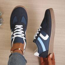 1双女士春秋新款德国训练鞋，易于清洁，圆头低帮休闲鞋，平底，舒适，百搭，小白鞋，撞色设计，运动休闲鞋，复古风运动鞋，四季皆宜 - 寶藍色 - 查看 9