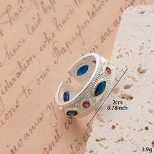 Bague vintage en émail et cristal : pierre précieuse multicolore avec un ajustement ouvert et réglable - Argent - Voir 1