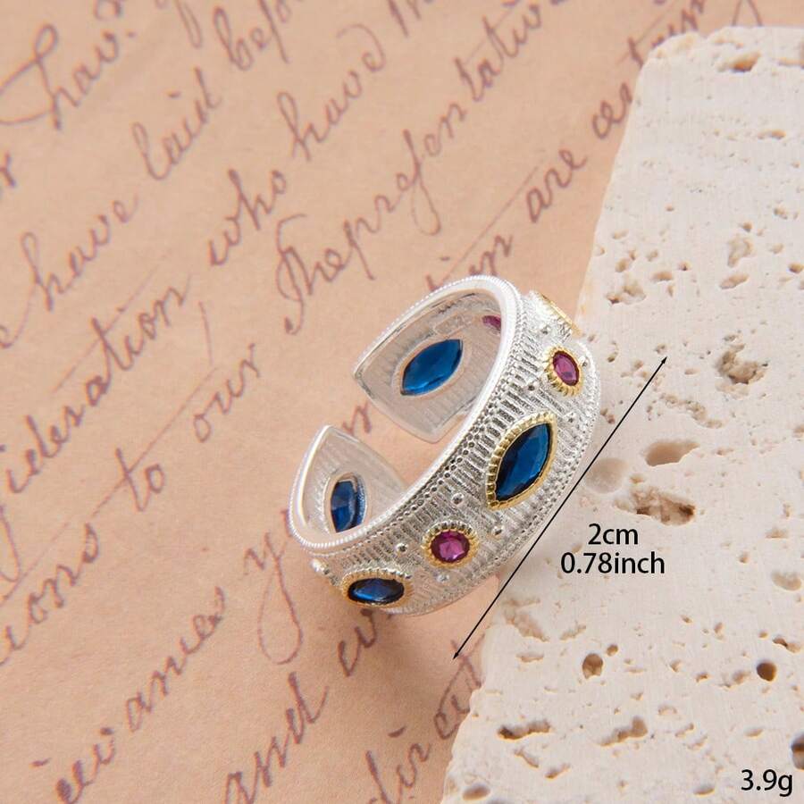 Bague vintage en émail et cristal : pierre précieuse multicolore avec un ajustement ouvert et réglable - Argent - Voir 1