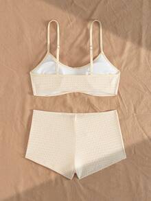 Bộ áo tắm tankini co giãn cao dành cho nữ, áo hai dây phối cùng quần short có nơ và dây rút, đồ bơi thanh lịch, thoải mái cho kỳ nghỉ. - Rượu sâm banh - Xem 2