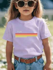FOX Retro Rainbow Print Round Neck Short Sleeve T-Shirt, Soft And Comfortable Casual Top For Summer, Stylish And  American Vintage Style, Suitable For Boys And Girls For Everyday Wear, School Outings, Outdoor Activities, Birthday Parties - 白色 - 查看 9