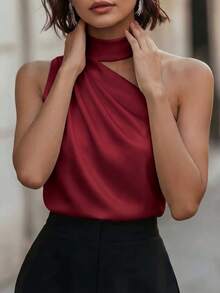 1 chiếc áo kiểu nữ mùa hè màu trơn bằng vải satin, thiết kế bất đối xứng/không đều, xếp ly, thanh lịch, không tay, thích hợp cho mùa hè, đi chơi, công sở, dự tiệc và các dịp trang trọng. - Màu Đỏ Sâu - Xem 3