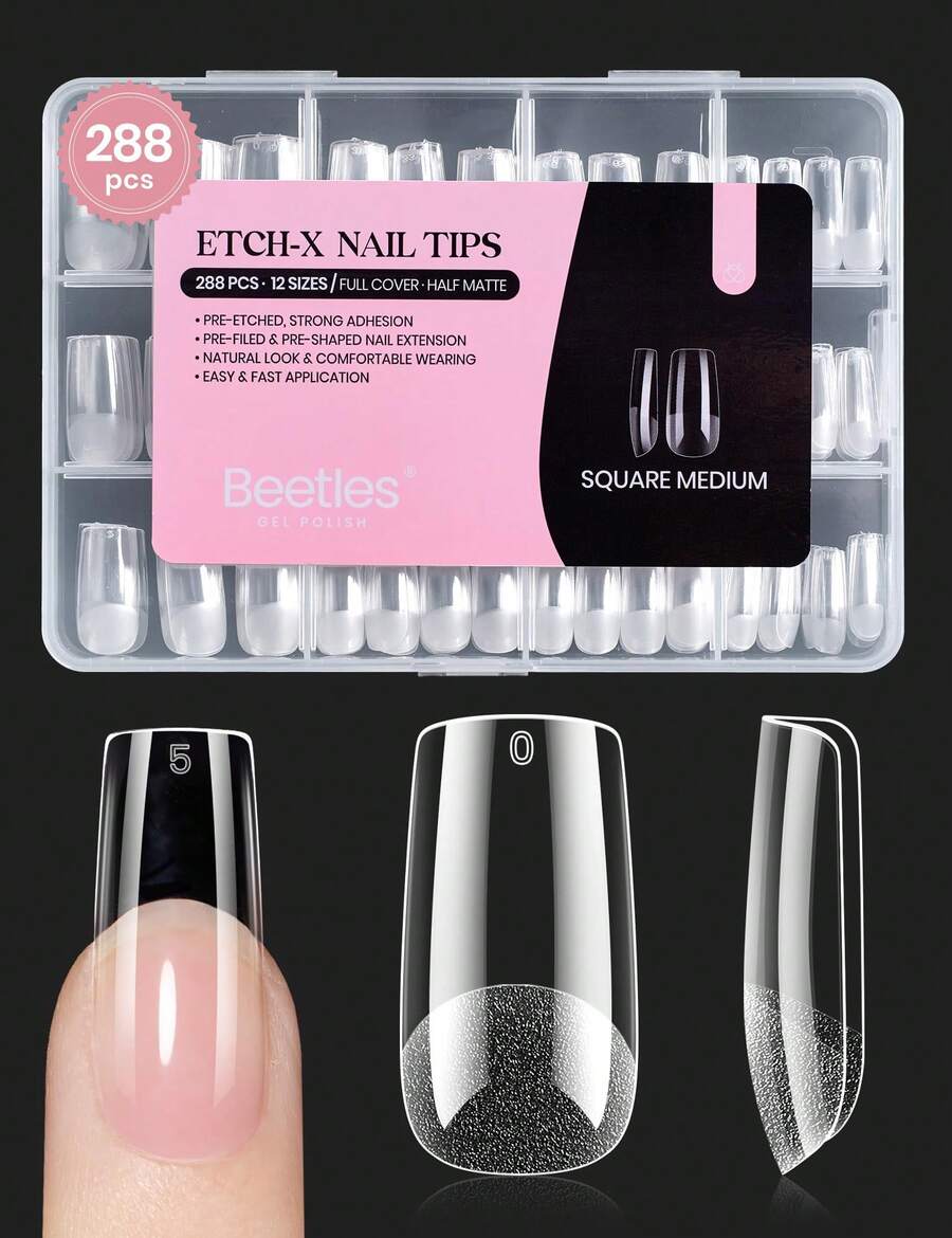 Beetles Soft Gel Nail Tips Short Almond 288pcs In 12 Sizes, Etch-X Pre-Etched Full Cover Acrylic Fake Nails Art - Bộ móng tay vuông cỡ trung bình 288 chiếc (móng tay khắc hình chữ X) - Xem 1