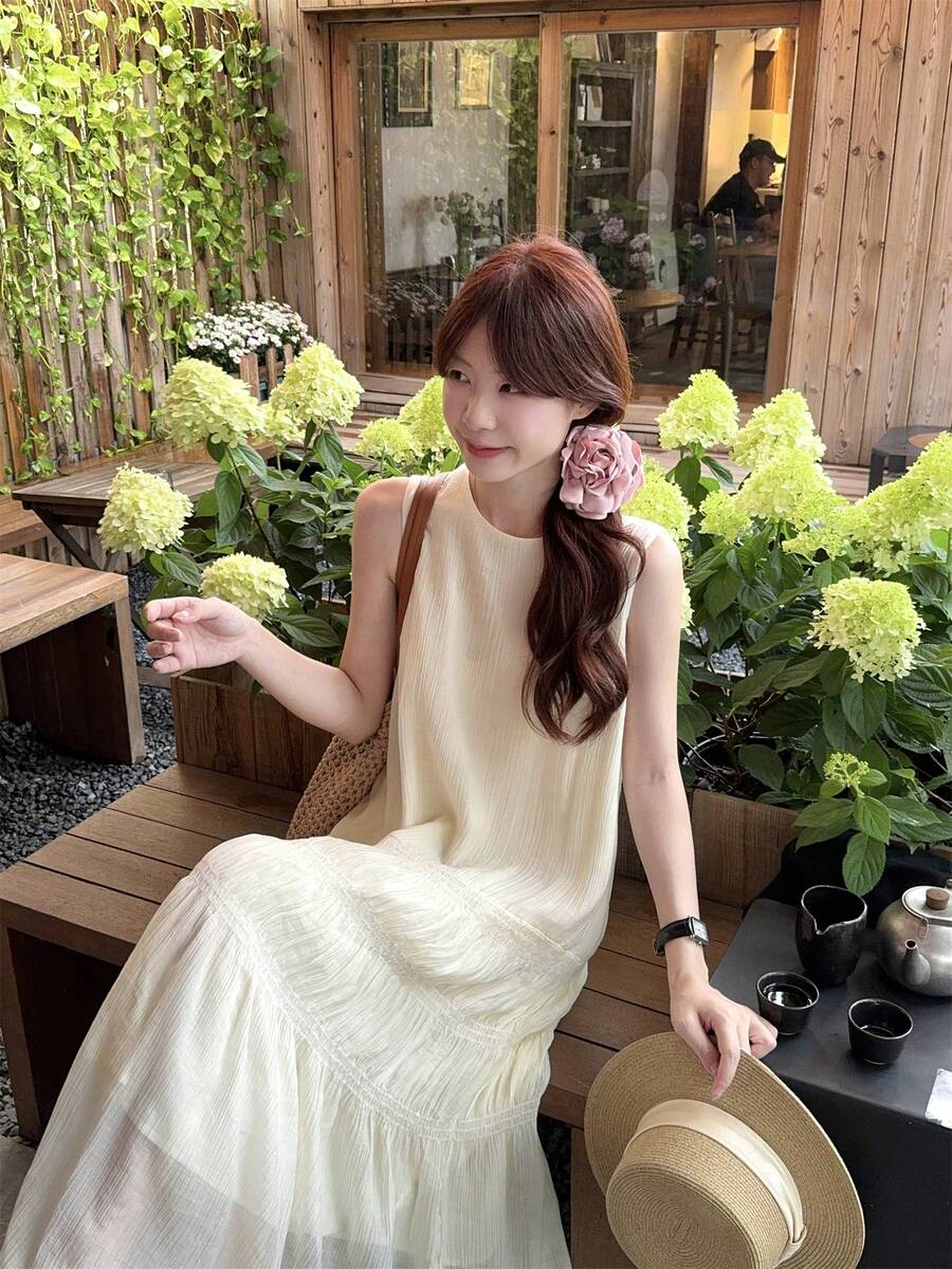 简约甜美设计褶皱长裙，夏季优雅 - 杏色 - 查看 1