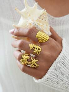 Uself Set de 4 anillos de acero inoxidable 304 chapados en oro de 18K con estilo oceánico, con textura de concha de sirena y estrella de mar, regalo para fiestas en la playa y vacaciones para mujeres - Multicolor - Ver 6