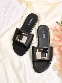 1 par de nuevas sandalias elegantes para mujer para el verano, con punta redonda, de unicolor, con decoración de hebilla metálica, versátiles, regalo para mujeres y madres - 89003 Negro - Ver 4