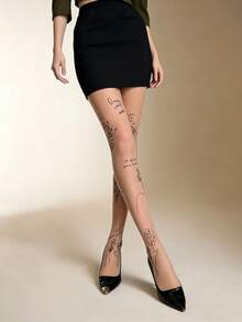 1双裸色透明丝袜，莲花印花，性感花卉图案，日常穿着 - 彩色 - 查看 2