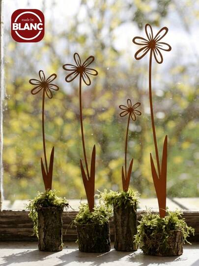 4 件套生锈金属花桩 - 生锈花园庭院艺术、装饰性草坪点缀、露台户外金属植物装饰、草坪和花园、露台装饰