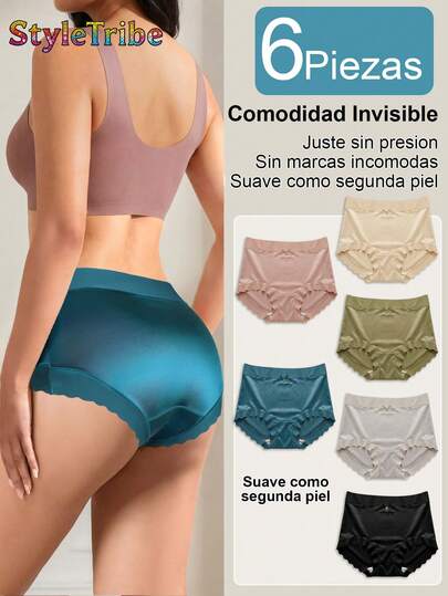 6 Piezas De Bragas De Seda De Mora De Cintura Media Con Volantes Y Sin Marcas Que Levantan Las Caderas Para Mujeres, Bragas De Realce De Glúteos De Alta Elasticidad, Lencería Cómoda Y Transpirable Para Mujer, Ropa Interior De Mujer Con Funda Para El Vientre Plano