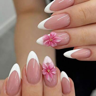 Bộ 24 móng giả acrylic hình hạnh nhân tối giản 3D họa tiết hoa và ngọc trai, kèm 1 sơn gel và 1 dũa móng, thích hợp cho nữ/bé gái sử dụng hàng ngày, dự lễ hội, tiệc ngoài trời mùa xuân/hè.