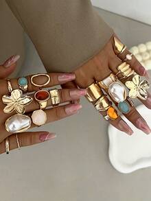 20/7件套时尚简约优雅精致复古几何花结仿珍珠仿宝石闪亮不规则纹理褶皱编织交叉镂空设计多层光滑极简金属夸张宽大戒指套装，适合节日、派对、约会、日常佩戴、礼品 - 金黃色 - 查看 3