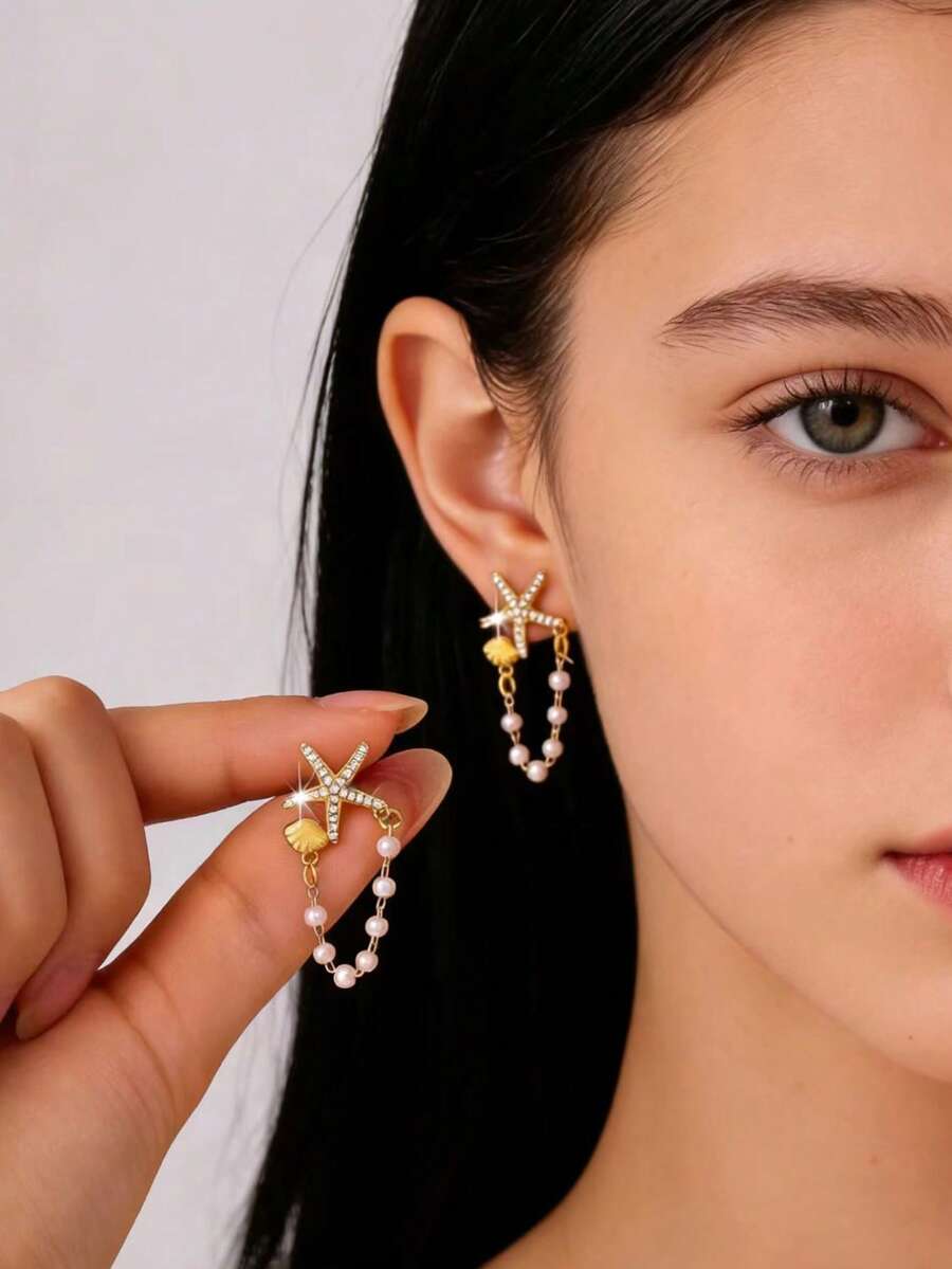 1 Pair European & American Summer Fashion Metal Starfish & Faux Pearl Tassel Earrings, Suitable For Girls To Wear During Vacation, Mother's Day Gift Kids Jewelry - Style 1 - View 1