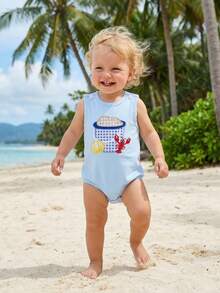 Baby Unisex Clothes Newborn Summer Clothes Shark/Crab/Sailboat Embroidery Sleeveless Bubble Romper Newborn Infant Outfit 0 3 6 9 12 18 Months, Adorable Beach Themed Outfit - 天藍 - 查看 2