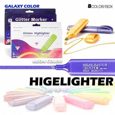 Bộ bút dạ quang góc cạnh 8 màu, lý tưởng để làm nổi bật thông tin quan trọng trong sách giáo khoa, ghi chú và tài liệu, giúp ôn tập và ghi nhớ nhanh chóng. Sử dụng các màu khác nhau để phân loại nội dung và nâng cao hiệu quả tổ chức kiến thức. Một công cụ đánh dấu huỳnh quang đa năng dành cho học tập, văn phòng, xử lý tài liệu, sáng tạo, thiết kế, giáo dục và giảng dạy, không lem mực.