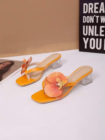 2026 Women's Comfortable & Lightweight High Heel Sandals, Fashionable & Sexy With Floral Decor, Thong Design, Suitable For Daily Wear, Elegant Orange Shoes