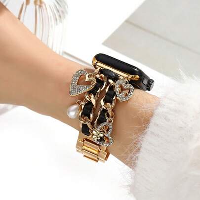 1pc New Dual-Row Black & Gold Heart-Shaped Band, Compatible With Apple Watch 1/2/3/4/5/6/7/8/9 Series, Fits 38mm/40mm/41mm/42mm/44mm/46mm/49mm (Band Only)