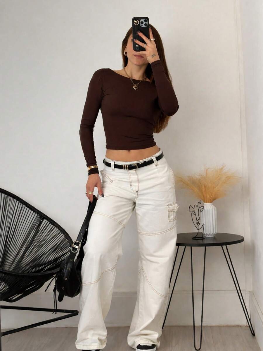 Women's Basic Cropped Backless Long-Sleeved Top In High Quality. Simple, Elegant, Casual. Backless. - Chocolate Brown - View 1