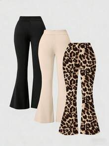 3pcs/Set Teen Girl Simple Black And Pink Cherry-Print Slim-Fit Flared Pants, A Versatile Casual For Spring, Summer, And Autumn. - Multicolor - View 3