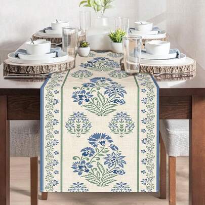 1 pieza Camino de mesa floral retro, planta floral azul vintage estilo país de lino para decoración de cocina, decoración de mesa de comedor para primavera y verano en el hogar 33*183 cm
