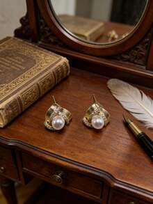 一套不锈钢链锆石花朵珍珠吊坠项链和耳环，百搭奢华优雅设计首饰套装，礼品 - 金色 - 查看 5