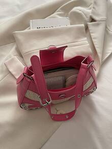 Túi xách tay hình lưỡi liềm bằng rơm ghép mảnh kiểu vintage mới, trang trí đinh tán, dây đeo khóa kim loại, khóa kéo, dây đeo vai có thể điều chỉnh, dung tích nhỏ, nhẹ, tối giản. - Hồng - Xem 6