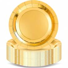 7英寸+9英寸奢华金边圆形纸盘套装，适用于婚礼甜点及主菜盛放、生日派对蛋糕、周年纪念宴会、商务茶歇、节日聚会、牛排意面、下午茶点心等场合，优雅精致的金色餐具。 - 金色 - 查看 5