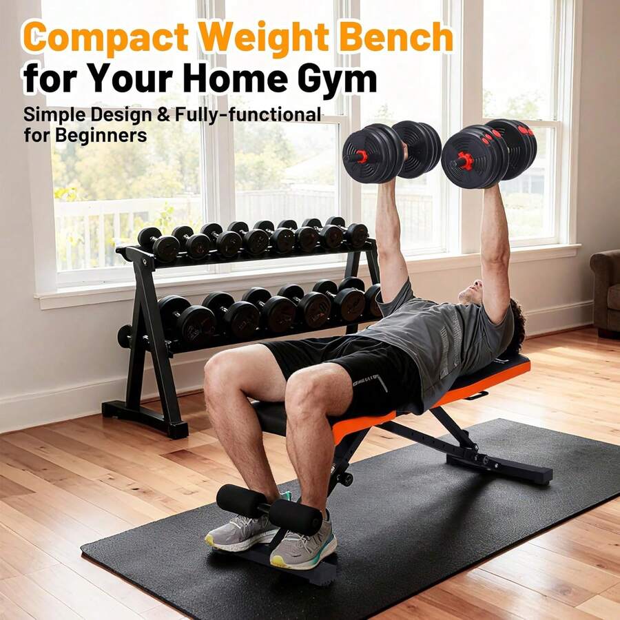 Banco plegable de peso ajustable, Equipo de gimnasio para el hogar Capacidad pesada de 1000lbs, Posiciones de respaldo de 8 y 3 asientos, Banco inclinado / inclinado / plano, Entrenamiento de cuerpo completo, Estilo de tubo cuadrado - Naranja y negro - Ver 1