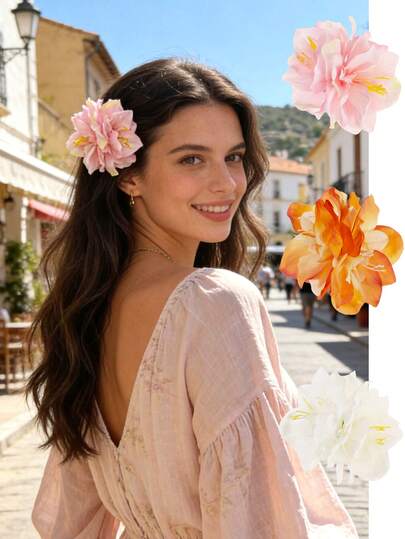 3pcs Bohemian Style Artificial Camellia Flower Hair Clips, Pink White Orange 3 Colors, Suitable For Bride Bridesmaid Wedding, Beach Holiday & Photography Props