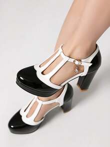 Block Chunky High Heels Pumps For Women Cute Bow Ruffle Ankle Strap Pearl Chain Platform Lolita Style Pumps Woman - 黑色 - 查看 2
