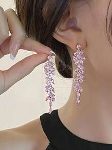 1 Pair Luxury, Elegant, Sweet Leaf Design Crystal Inlaid Earrings, Suitable For Balls, Banquets, Parties, Weddings - Pink - View 8