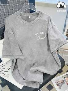 Vintage Washed Cotton Loose-Fit T-Shirt, Cute  Face And Heart Print, Women's Casual Street Style Short-Sleeve Top, Wrinkle-Resistant Washed Cotton T-Shirt - Xám - Xem 4