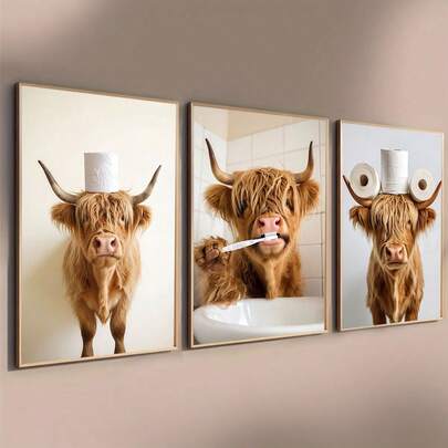 1/3pcs/Set Scottish Highland Cow Funny Bathroom Printed Canvas Posters, Farm Animal Humor, Fantastical Highland Cow Enthusiast Gifts, Wall Canvas Art, Animal Art, Canvas, Wall Decorations Gift, No Frames