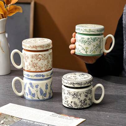 13oz French Countryside Handpainted Floral Ceramic Mug With Lid, Perfume Bottle Shaped, Suitable For Home, Office, Coffee, Breakfast, Microwave & Dishwasher , Mother's Day & Birthday Gift For Friends