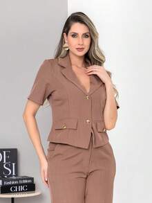 New Tailored Blouse And Wide-Leg Trousers Set With Working Buttons C6606 - Marrón Mocha - View 7