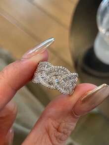 Set Cincin Tembaga Salib Geometris Zirkonia Kubik Mewah 3 Buah, Cocok untuk Acara Jamuan dan Pesta Wanita - Perak - View 4