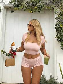 Short Fitted Double-Layer Yoga Fabric Square Neck Top, Summer - Baby Pink - View 1