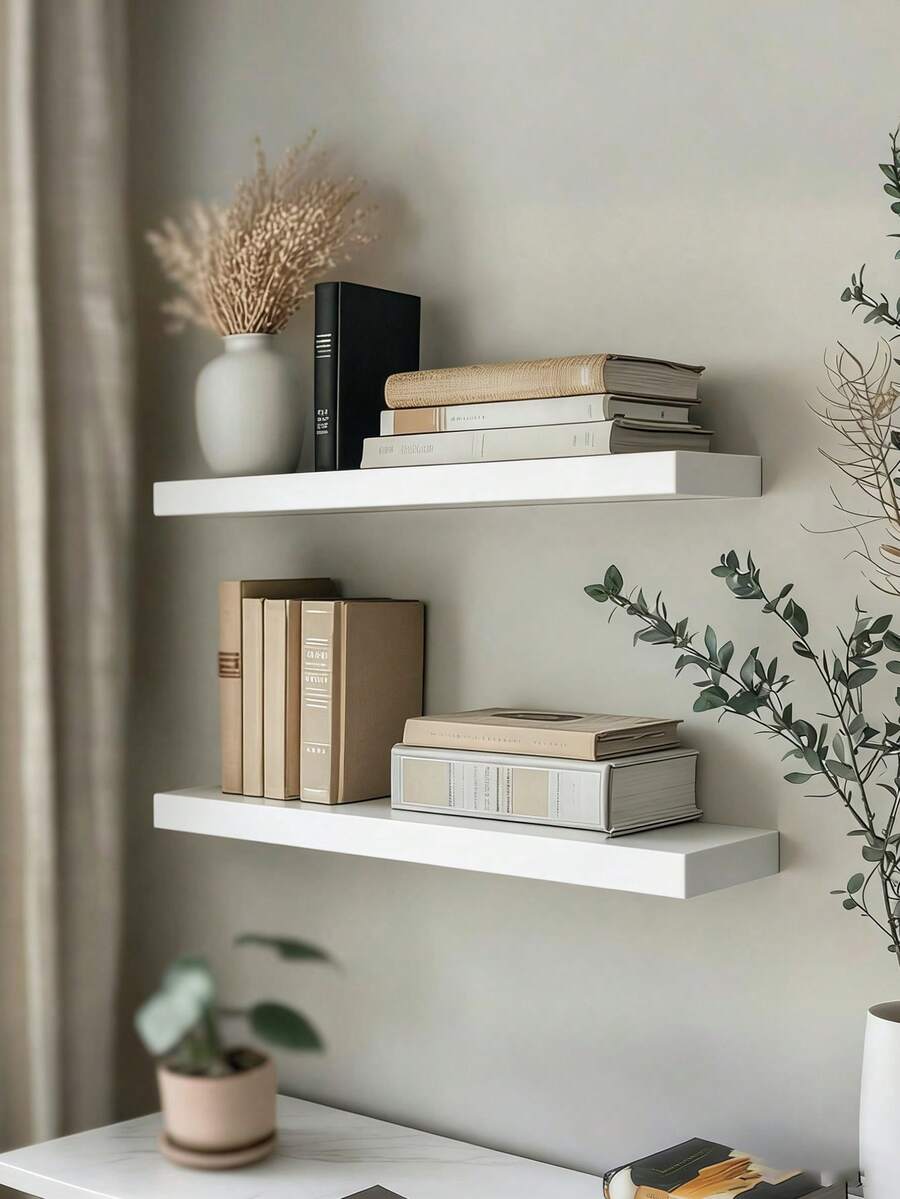 1 件式壁挂式置物架，乡村橡木长款置物架套装，适用于客厅、浴室、洗衣房、卧室、厨房、家庭办公室 - 白色 - 查看 1