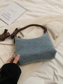 New Fashion Classic All-Match Solid Color Quilted Embroidery Thread Design, Rhinestone Inlaid Design Bow Handbag, Old Washed Fabric Shoulder Bag, Suitable For Shopping, Commuting To Work, Going Out For Parties - Brown - View 5