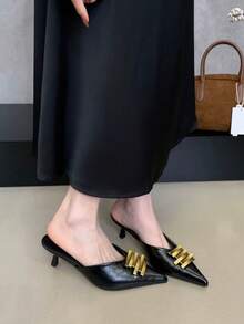 2026春季新款金屬花朵尖頭高跟穆勒鞋，優雅金色套腳女款涼鞋，細跟 - 黑色 - 查看 3