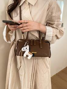 1pc Fashion New Women's Elegant Handbag, Shoulder Crossbody Bucket Bag, Minimalist Retro Solid Color PU Pleated Texture Metal Decor Double Zipper Closure With Personalized Pendant, Suitable For Travel, Shopping, Dating - Brown - View 9