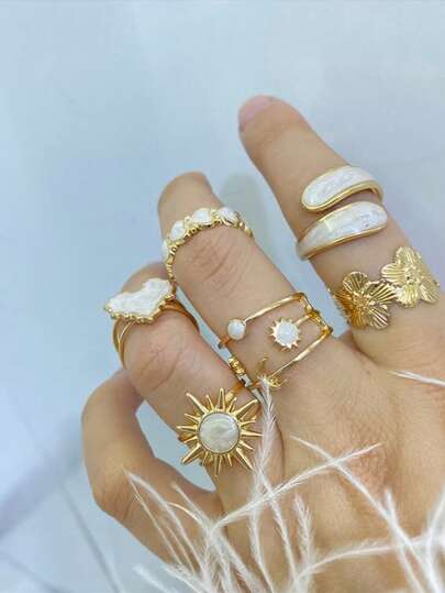 6pcs Elegant Luxurious Floral, Heart, Sun, Moon White Enamel Ring Set, Fashionable Versatile Combination For Women, Suitable For Vacation, Party, Date, Casual, Photography, Travel, Great Gift For Friends, Sisters, Mother's Day